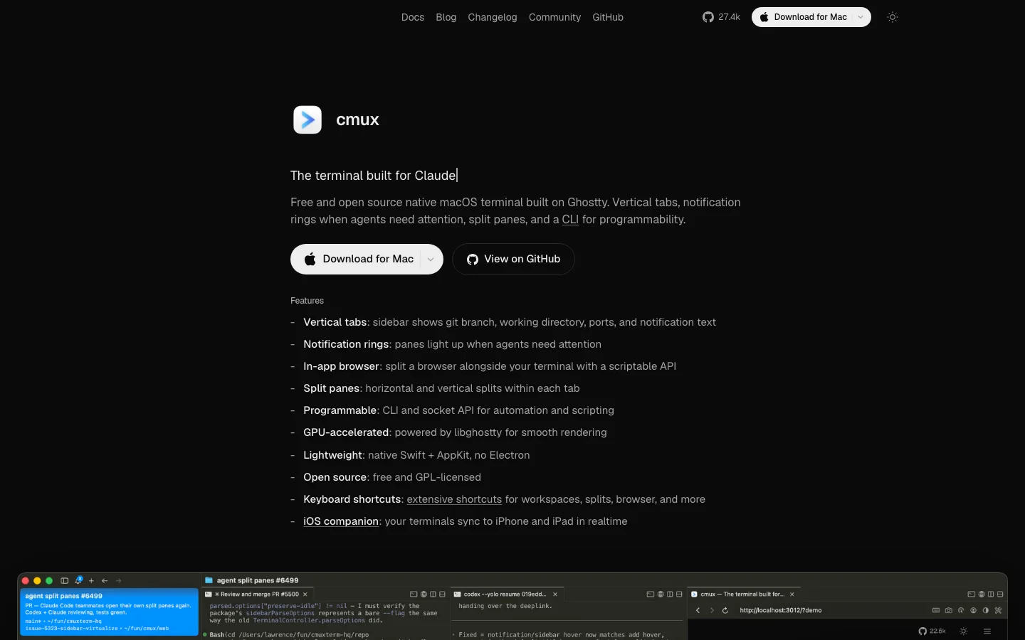 Before: the original cmux.com hero, a feature list